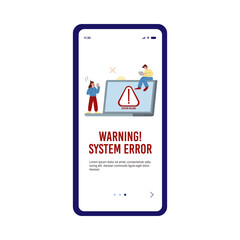 Operating system error warning for web page, banner or social media. Tiny people puzzled near laptop with error alert.