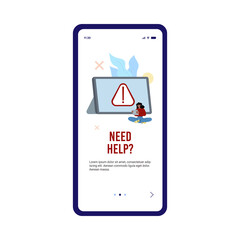 Users support help page for mobile app system error, flat vector illustration.
