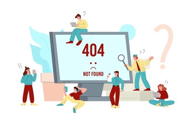 Warning of not found page and 404 system error, vector illustration isolated.