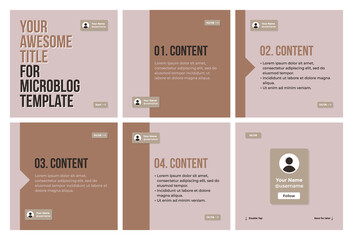 Microblog carousel slides template for instagram. Six pages with flat simple brown background theme.