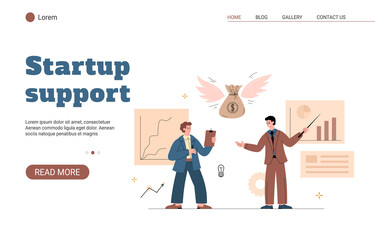 Startup financial support and crowdfunding website, flat vector illustration.