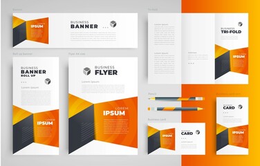 Geometric theme Set flyer cover, tri-fold, banner, roll up banner, business card orange color