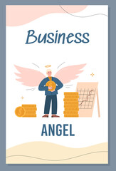 Business investments banner with angel investor, flat vector illustration.