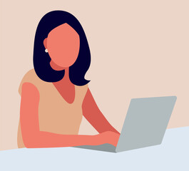 A woman with a laptop is sitting at her desk. Illustration of the concept for work, freelancing, study, education, work at home. Vector illustration.