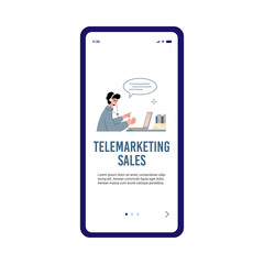 Telemarketing sales onboarding page with operator, flat vector illustration.