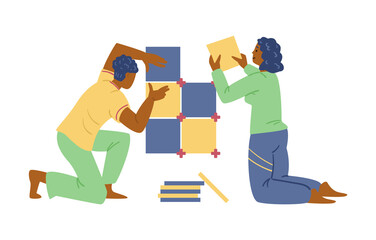 Black couple install ceramic tile at bathroom vector flat illustration. African American family repair house together.