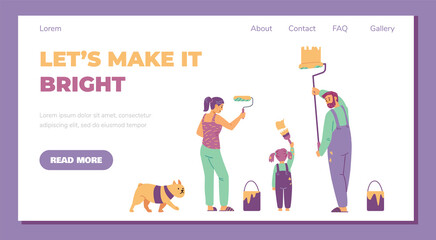 Happy parents and kid painting wall with paint and roller. Family repair home together vector illustration.