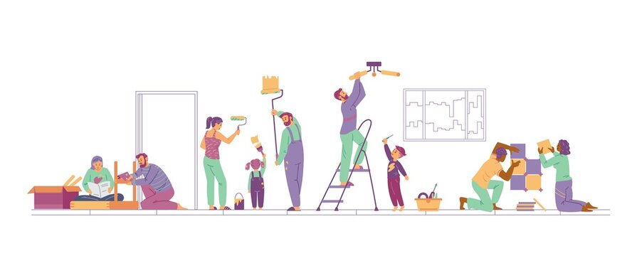 Family members make repairs on their own, flat vector illustration isolated.