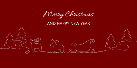 Christmas and New Year composition. Continuous One Line Drawing. Design for greeting card, banner, poster. Vector illustration.