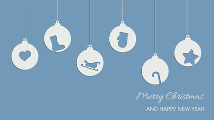 Christmas and New Year composition of hanging balls with sleigh, candy cane, heart, mitten, sock, star. Design for greeting card, banner, poster. Vector illustration.