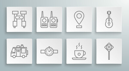 Set line Rv Camping trailer, Walkie talkie, Wrist watch, Coffee cup, Parking, Location, Guitar and Binoculars icon. Vector