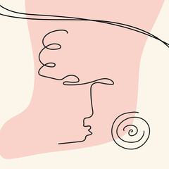 Curly head with bunch with abstract shapes, lines in line art style are isolated. Contemporary hand drawn vector illustrations with continuous line face in minimalistic elegant concept. Design for