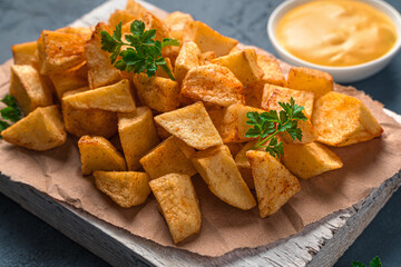 Patatas bravas close-up, traditional Spanish snack, tapas.