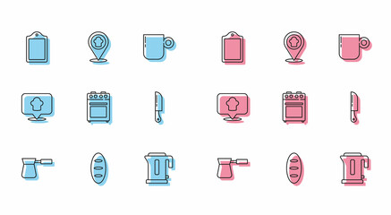 Set line Coffee turk, Bread loaf, Cutting board, Electric kettle, Oven, Knife, Chef hat with location and icon. Vector