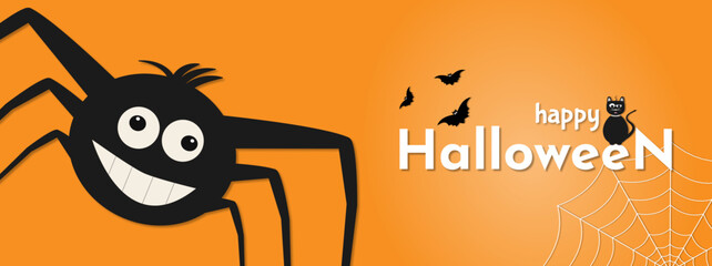 Halloween poster, postcards and frame leaflet, web banner. Vector illustration template with bats and funny spider. Happy Halloween banner, background design.