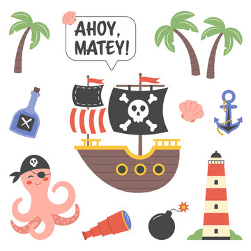 Cute pirate set. Pirate party, adventure theme octopus character for children's cards and invitations. Flat vector objects for kids print isolated on white background.