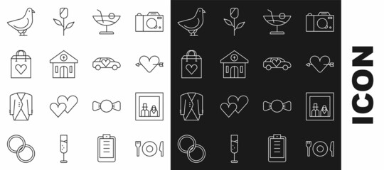 Set line Plate, fork and knife, Family photo, Amour with heart arrow, Cocktail, Church building, Shopping bag, Dove and Limousine car icon. Vector