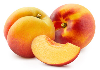 Peach isolated on the white background. Peach and slice. Fresh fruits isolated on white background