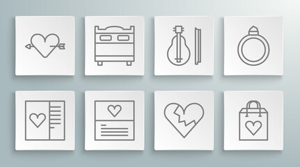 Set line Postcard with heart, Bedroom, Greeting, Broken or divorce, Shopping bag, Violin, Diamond engagement ring and Amour and arrow icon. Vector