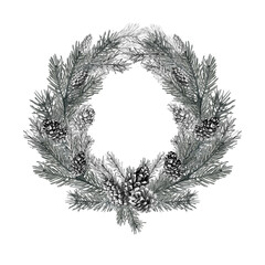 Christmas wreath made of fir branches, fir cones. Decoration for the new year. Realistic illustration