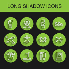 Fototapeta premium Set line Alarm clock, Treadmill machine, Fresh smoothie, Toothbrush and toothpaste, Medical book, No doping syringe, Smoking and junk food icon. Vector