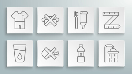 Set line Glass with water, No junk food, meat, Bottle of, Shower head, Toothbrush and toothpaste, Tape measure and Sport track suit icon. Vector