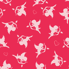 Cute valentine seamless pattern with silhouettes of angels cupids with arrows and hearts. Vector illustration background