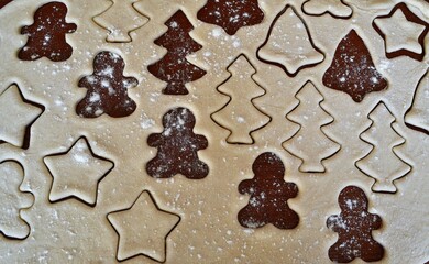 Christmas cookie dough stretched and cut with molds in the shape of a gingerbread man, stars and trees