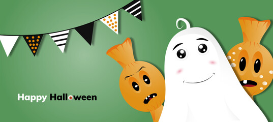Happy Halloween banner, background template with funny characters, cat, ghost and candy. Vector illustration web banner.