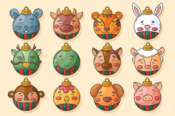 Christmas balls as 12 Chinese traditional zodiac animals