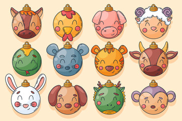 Christmas balls as 12 Chinese traditional zodiac animals