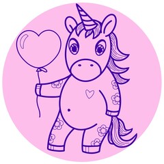 Cute unicorn with balloon, contour drawing, vector
