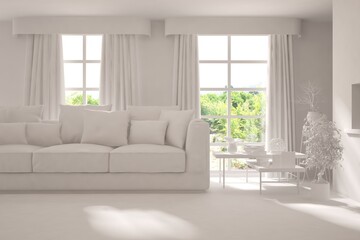 Obraz na płótnie Canvas Mock up of stylish room in white color with sofa and green landscape in window. Scandinavian interior design. 3D illustration