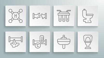 Set line Broken pipe, Industry metallic, Washbasin, Toilet bowl, Water filter, and tap icon. Vector