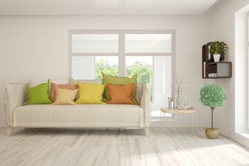 White living room with sofa. Scandinavian interior design. 3D illustration