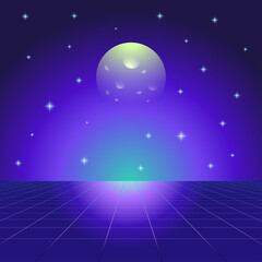 Background New Retro Wave. The moon on the background of the starry sky. 