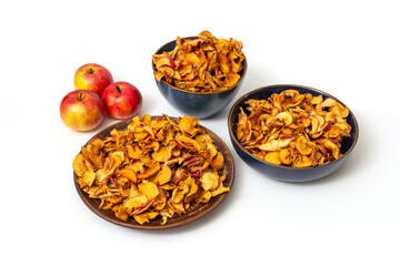 Homemade dried organic apple, sliced, in a plate, on a gray table background and fresh apples