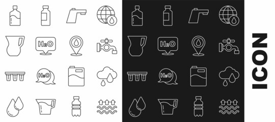 Set line Waves of water and evaporation, Cloud with rain, Water tap, Chemical formula for H2O, Jug glass, Big bottle clean and drop location icon. Vector