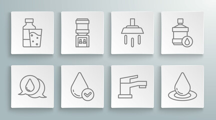 Set line Water drop, cooler, tap, Shower, Big bottle with clean water and Bottle of glass icon. Vector
