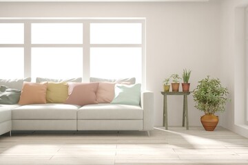White living room with sofa. Scandinavian interior design. 3D illustration