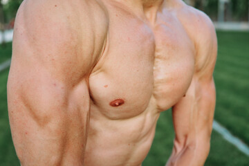 Obraz premium sporty man with pumped up abs in the park while workout exercise lifestyle
