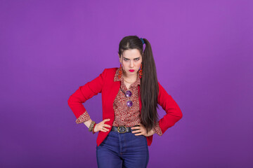 Retro fashion 90s 80s young woman in red jacket portrait, unhappy emotion