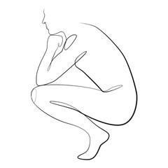A man squatting sideways one line drawing on white isolated background. Vector illustration