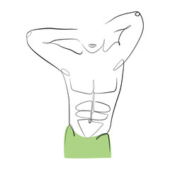 Athletic man stands, holding hands behind his head, one line drawing. Bodybuilder on a white isolated background. Vector illustration