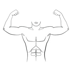Athletic man stands, holding hands behind his head, one line drawing. Bodybuilder on a white isolated background. Vector illustration