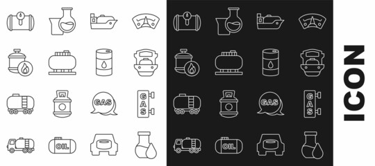 Set line Oil petrol test tube, Gas filling station, tanker ship, storage, Propane gas, for vehicle and Barrel oil icon. Vector