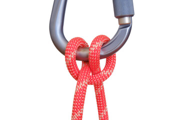 Clove hitch tied with red rope on carabiner, isolated on white background. This clove hitch knot...