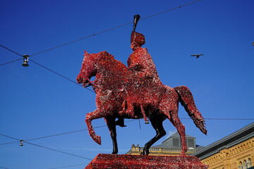 Landmark of the city of Hannover, equestrian statue of Ernest Augustus, King of Hanover. The monument was erected in 1871, now wrapped in black foil, all citizens may decorate it with colorful dots.
