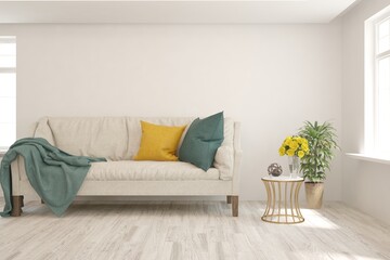 Obraz premium White living room with sofa. Scandinavian interior design. 3D illustration