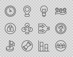 Set line Flag, Project team base, Light bulb, Old hourglass with sand, Clock, Pie chart infographic, Graph, chart, diagram and Digital speed meter icon. Vector
